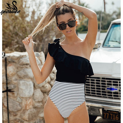 Sexy One Shoulder Ruffle Swimwear Lace One Pieces Swimsuit Black White Striped Bathing Suits Beach Wear Swim Monokini S-XL