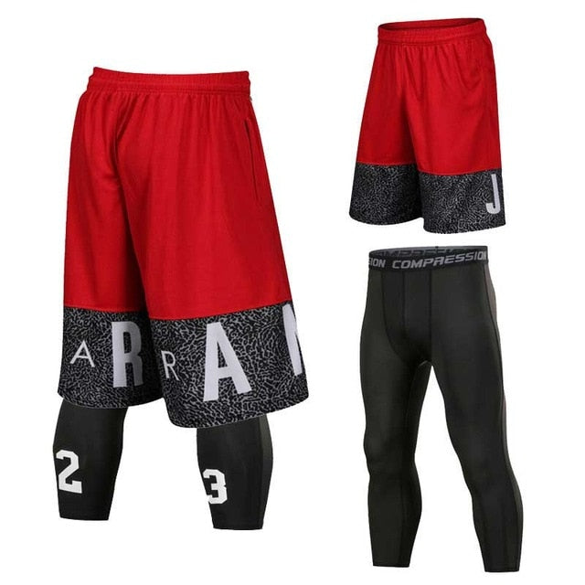 Men Basketball Sets Sport Gym QUICK-DRY Workout Board Shorts + Tights For Male