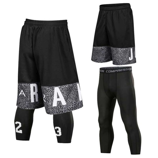 Men Basketball Sets Sport Gym QUICK-DRY Workout Board Shorts + Tights For Male