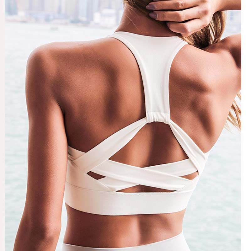 White Strap Push Up Sports Bra for Women Gym Running yoga top Bra Athletic Vest Hollow out Sportswear Underwear