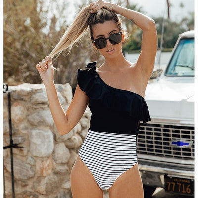 Sexy One Shoulder Ruffle Swimwear Lace One Pieces Swimsuit Black White Striped Bathing Suits Beach Wear Swim Monokini S-XL