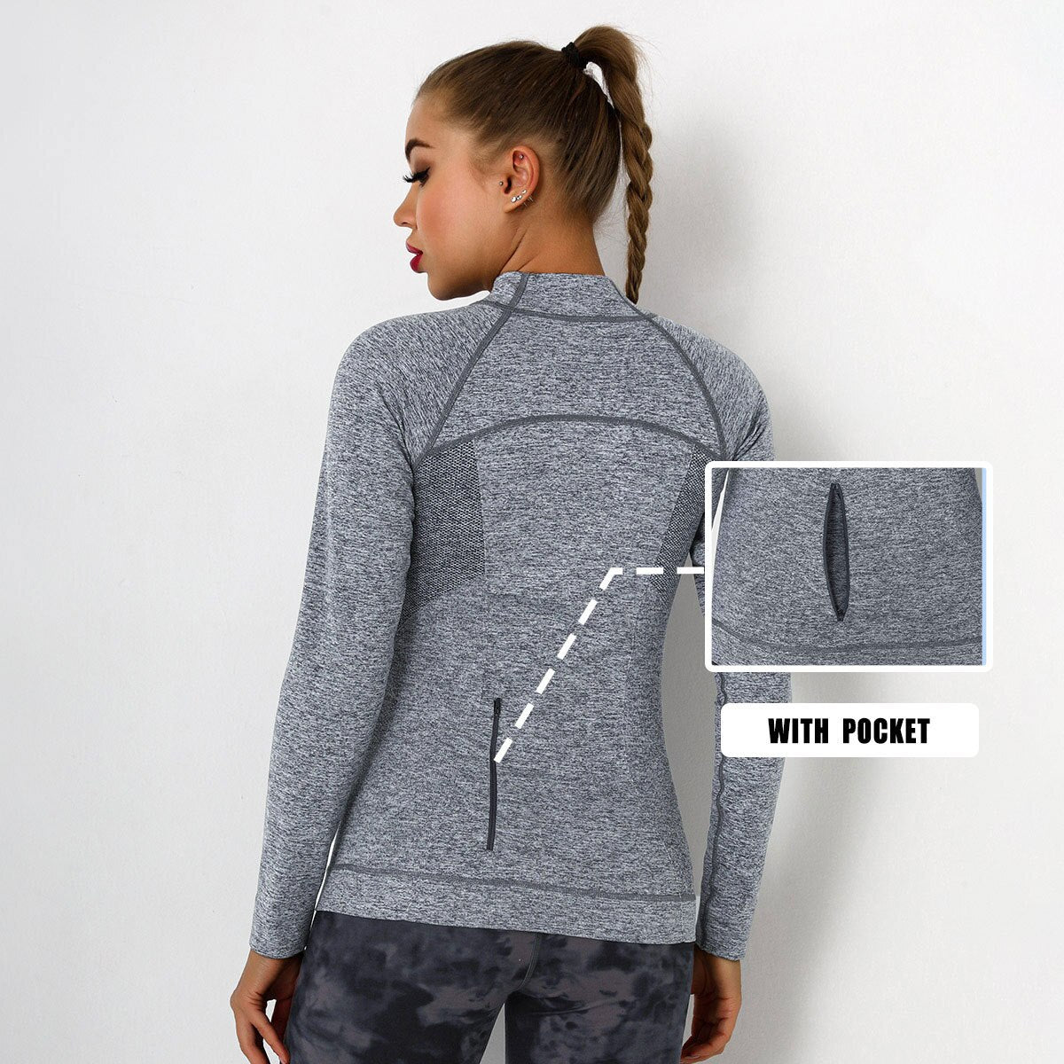 Running Sports Top Women Long Sleeve Zipper Pocket Gym Shirt Fitness Sweater Workout Athletic Active Quick Drying Yoga Blouse