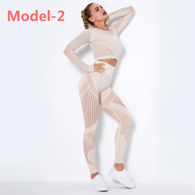 Women Seamless Gym Sets High Waist Gym Mesh Leggings Shirts Suit Long Sleeve Fitness Workout Sports Running Thin Sport Sets