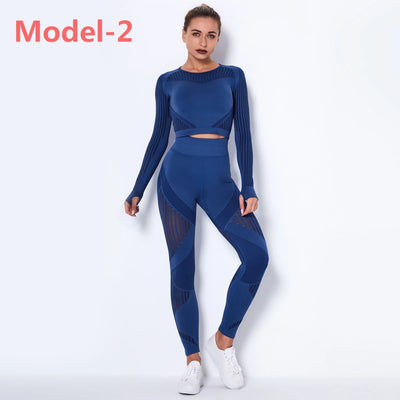 Women Seamless Gym Sets High Waist Gym Mesh Leggings Shirts Suit Long Sleeve Fitness Workout Sports Running Thin Sport Sets